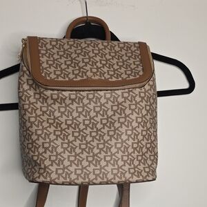 DKNY Tan/Brown Monogram Backpack with Leather Trim